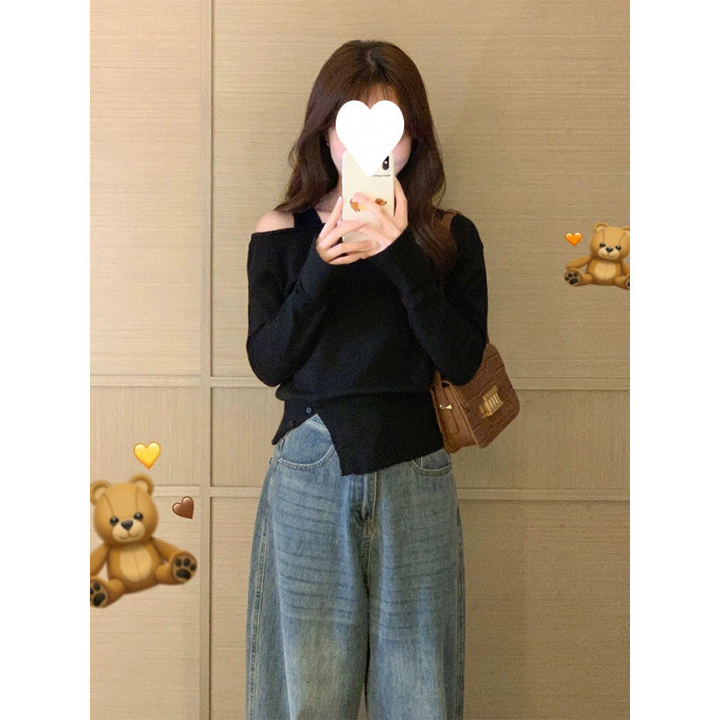 Open Shoulder Irregular Base Shirt Sweater Women's Autumn and Winter Outer Split Knit Anker Thunder Wear Chic Top