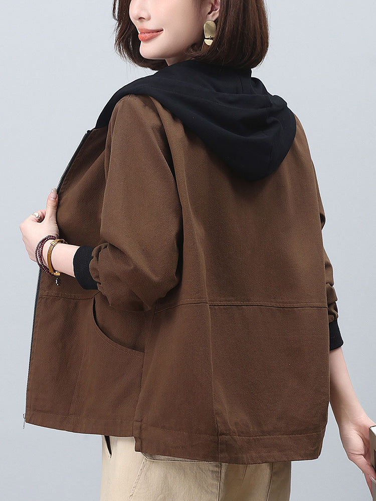 Hooded Jacket for Petite Women, Versatile for Plus-Size, Slimming for Middle-Aged Moms, Casual Cardigan Sweatshirt, Plus-Size Women's Clothing