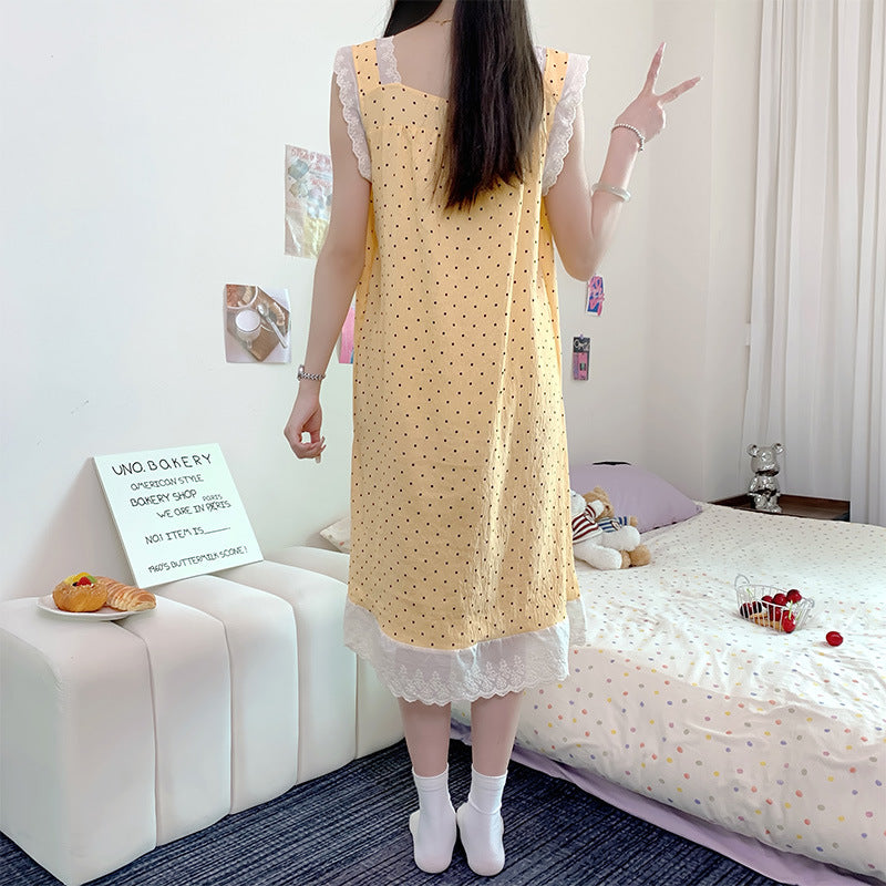 Nightgown Women's Summer Polka Dot 2025 New Style with Breast Pad Cloud Cotton Vest Lace Sweet Pajamas Summer Home Wear