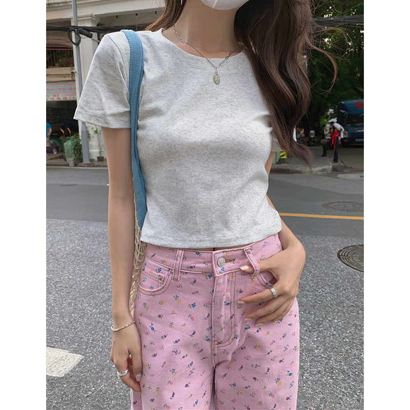 Black Straight-Shoulder Round-Neck T-Shirt for Women, Simple Basic Top, Summer Slim-Fit American Style Short-Sleeve Tee