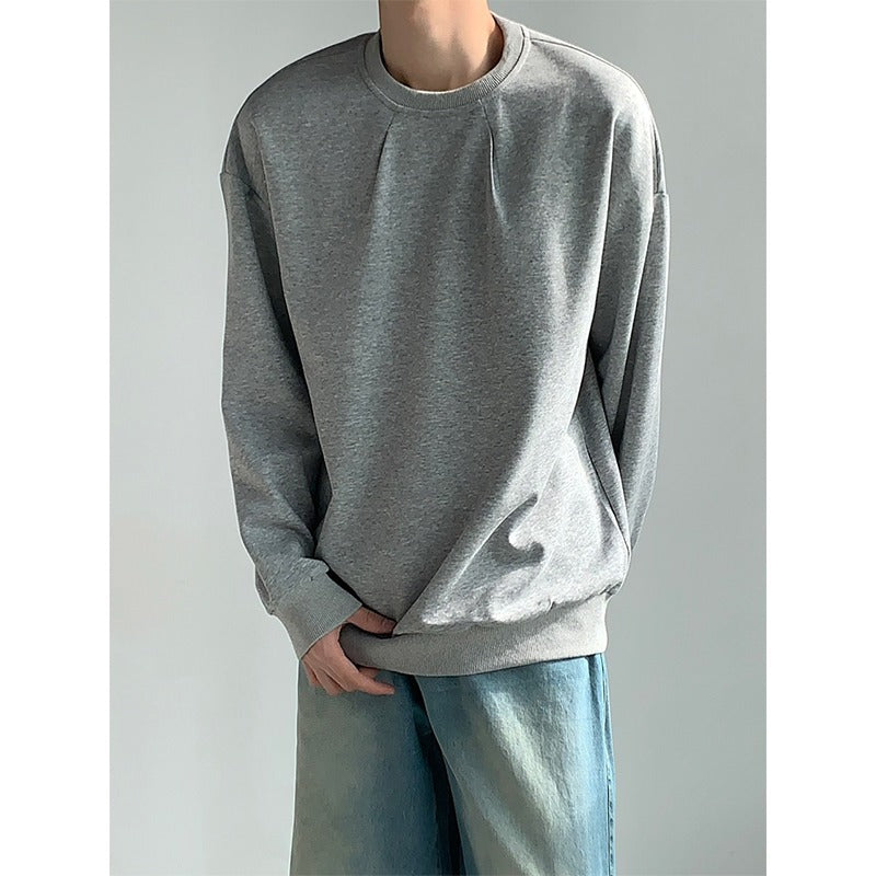 Early Autumn New Pleated Crewneck Long Sleeve Sweatshirt Korean-style Ins Casual Loose Pullover Men
