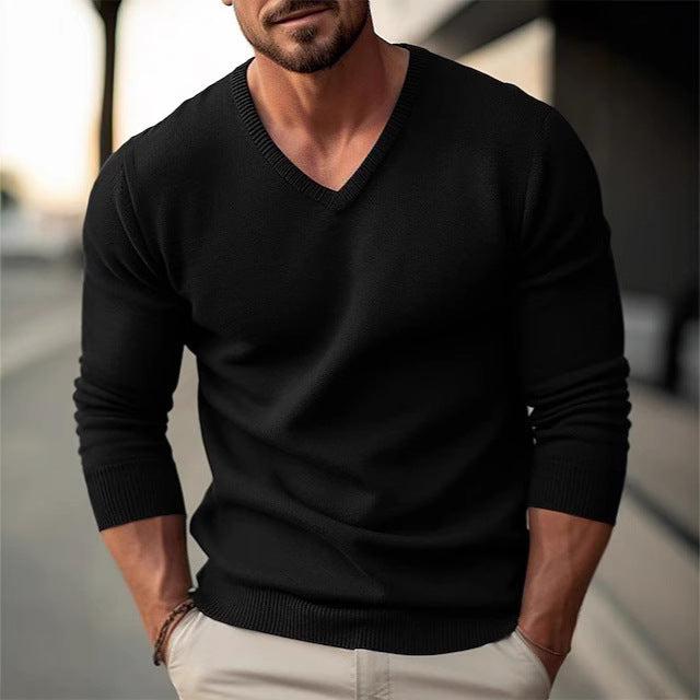 Cross-border Autumn and Winter Foreign Trade European and American Men's Knitwear V-neck Slim-fit Solid Color Long-sleeved Sweater Men's Pullover Base Sweater