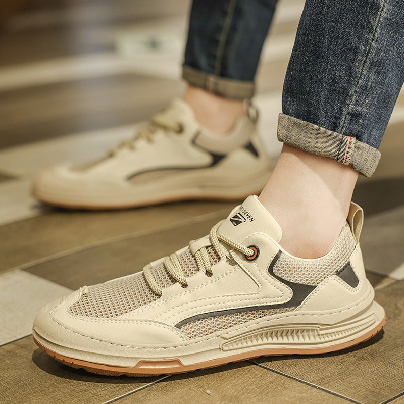 Mesh Men's Shoes Thin Summer 2025 New Versatile Casual Leather Shoes Thick-Soled Men's Sports Workwear Student Sneakers