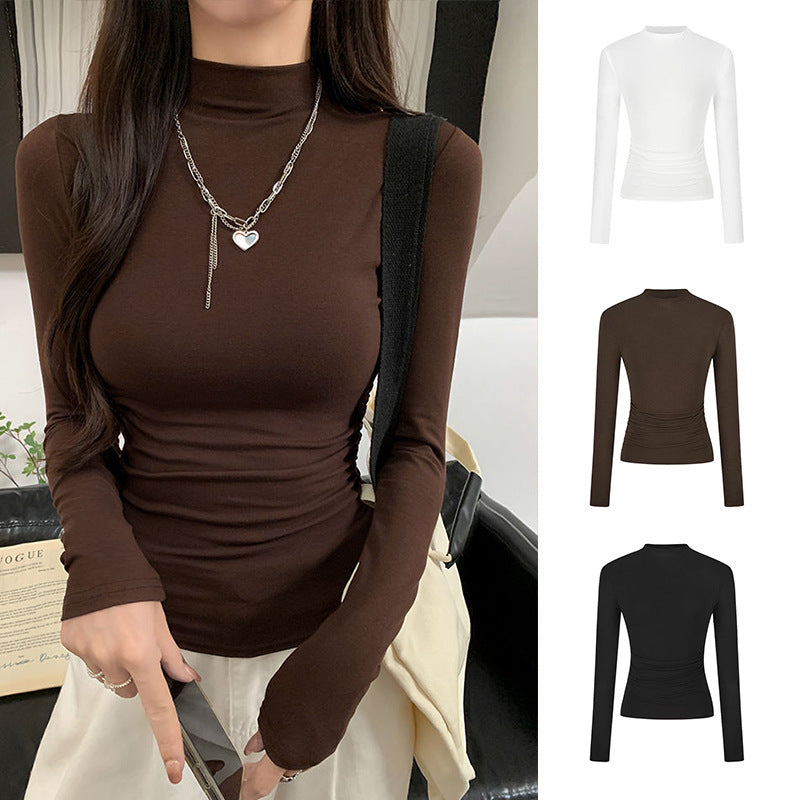 Hot Girl Pinch Waist Long-Sleeved T-Shirt for Women 2025 Spring & Fall New High-Neck Slim Slim Versatile Bottoming Shirt White Top