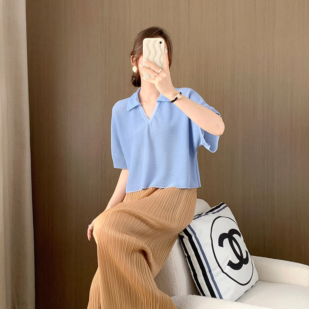 Short-Sleeved T-Shirt for Women Summer New Loose Slimming Look High-Waisted Versatile Polo Shirt T-Shirt Pleated Top Women's Large Size