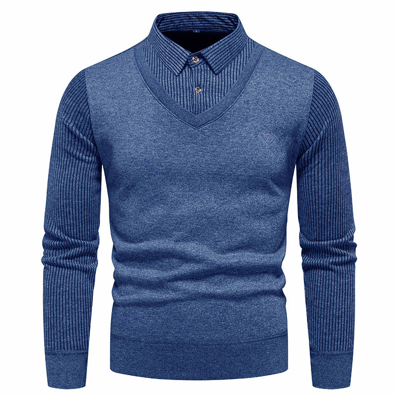 Foreign trade winter men's sweater sweater bottoming shirt fleece-lined fake two-piece shirt collar thickened warm cotton sweater men