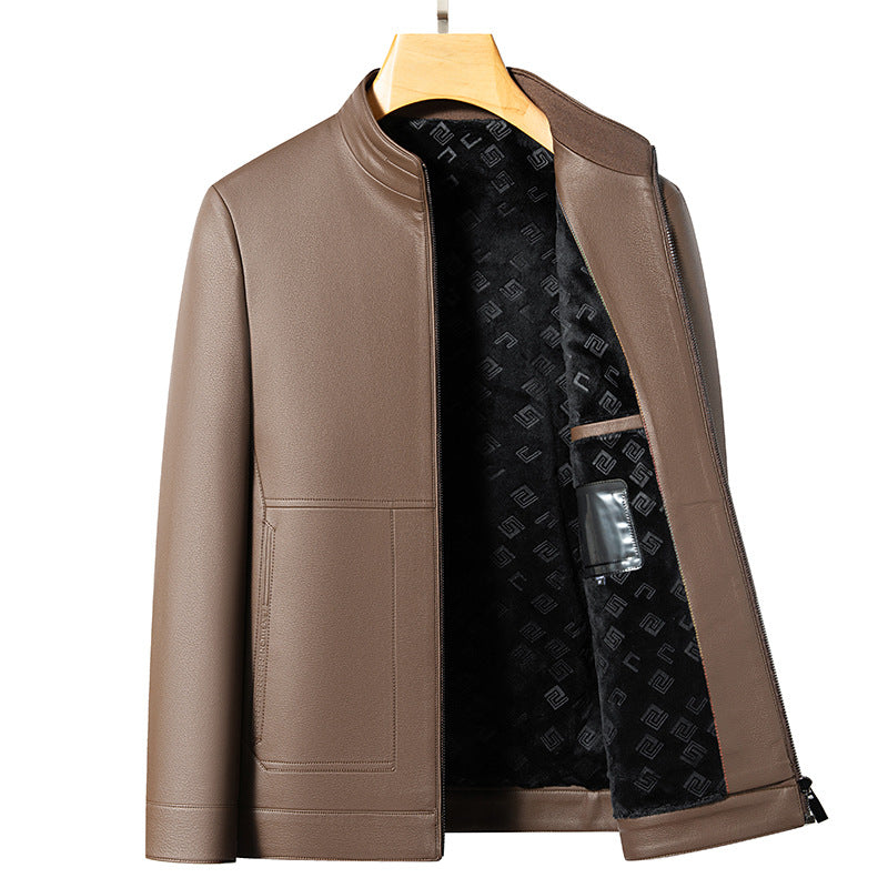 Leather men's 2024 autumn and winter new fleece-lined thickened stand collar pu leather jacket coat protein ecological leather men's