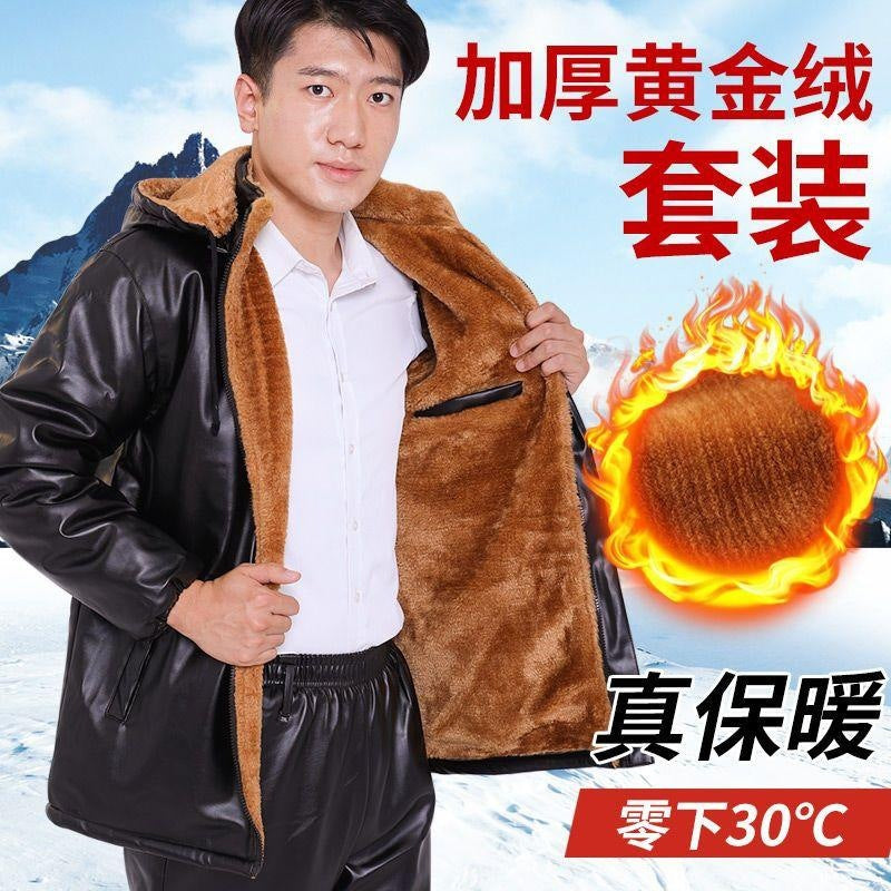 Leather Men's Coat Winter Fleece-lined Thickened Loose Oil-proof Waterproof Take-out Riding Leather Leather Pants Set for Men