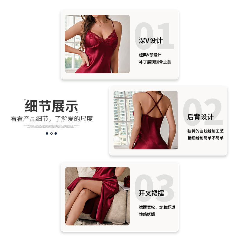 Factory European and American Style Pajamas for Women, High-End Imitation Silk Sexy Backless Pajamas, Aliexpress Cool and Comfortable Suspender Skirt