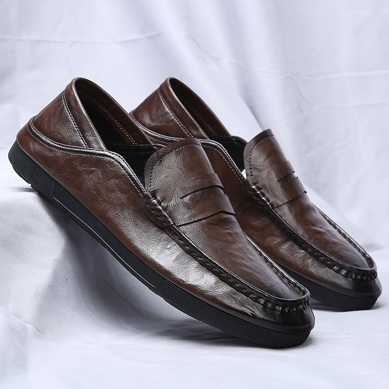 2024 Autumn Men's Slip-On Genuine Leather Breathable Casual Loafers Korean Style Versatile Low-Cut Daily Men's Leather Shoes