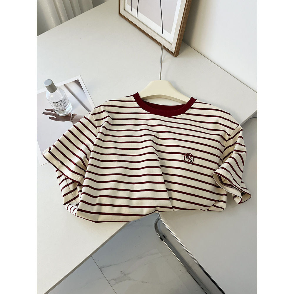 Summer New Korean Style Pure Cotton Loose Embroidered Striped Short-Sleeve T-Shirt for Women, Fashionable Color-Blocking Pullover Versatile Top