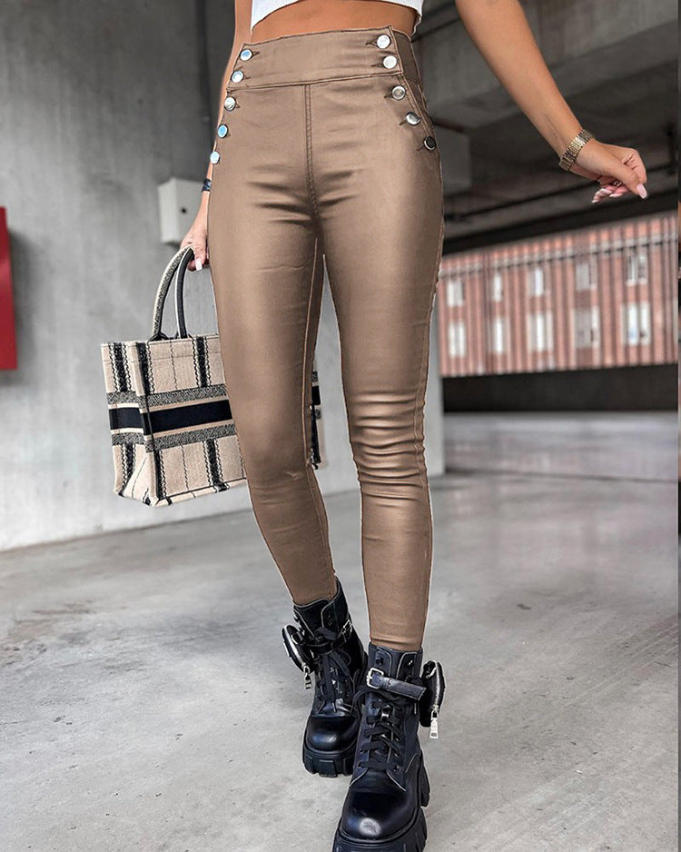 2025 autumn and winter new women's clothing Amazon wish Europe and the United States cross-border high waist PU leather slim hip long pants