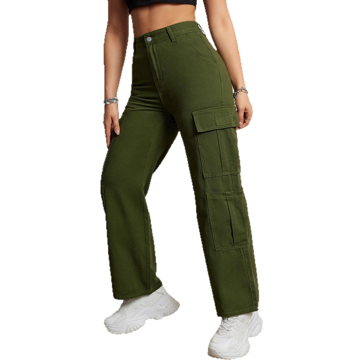 European and American Women's Street Fashion Multi-Pocket Workwear Straight Pants High Waist Slimming Loose khaki Jeans Women