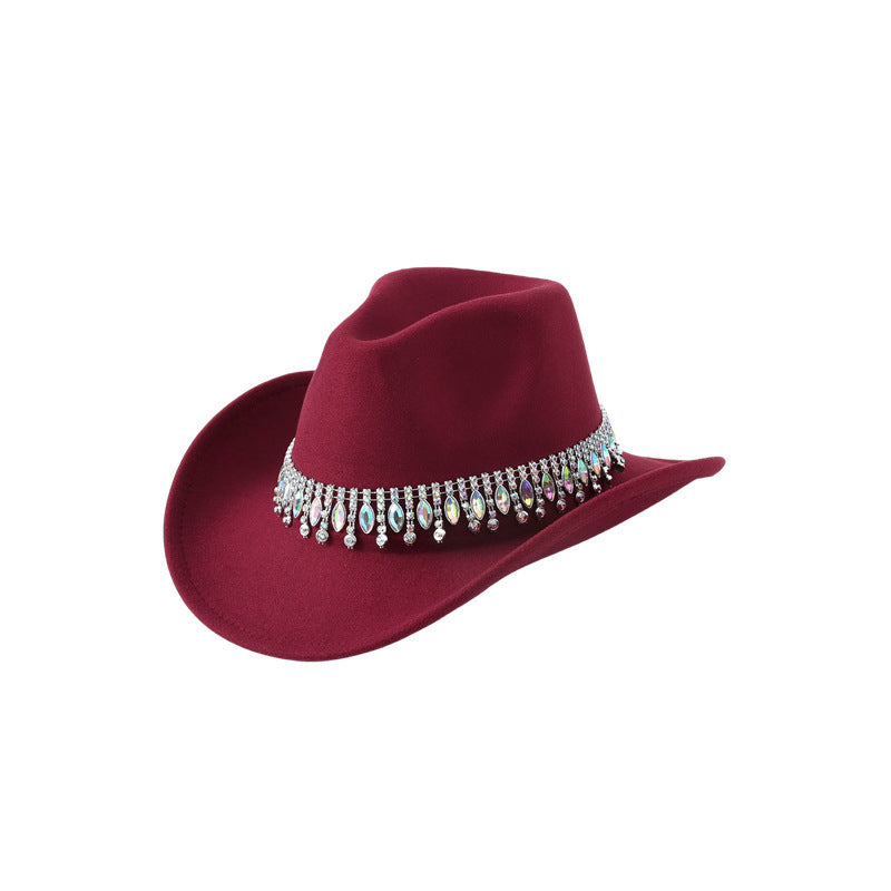 Men's and Women's European and American Elegant Hats, Unique Jazz Cowboy Hats, Tassels, Gemstones, Rhinestone Accessories, Belts, Wedding Engagement