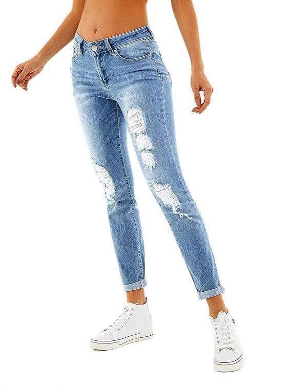 2025 Amazon European and American Cross-Border Spring and Summer New Casual Fashion Washed Ripped Mid-Waist Jeans for Women in Stock