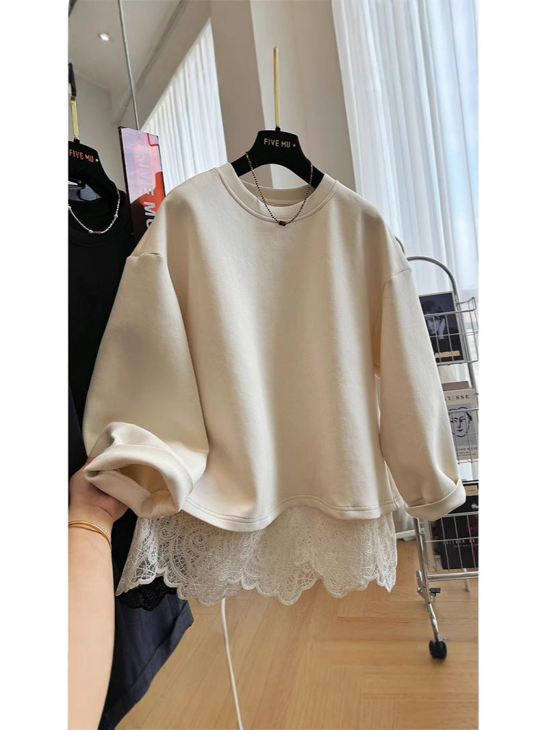 2024 New Lace Stitching Fake Two-piece Pullover Crewneck Sweaters Women's Spring and Autumn Lazy Style American Loose Top
