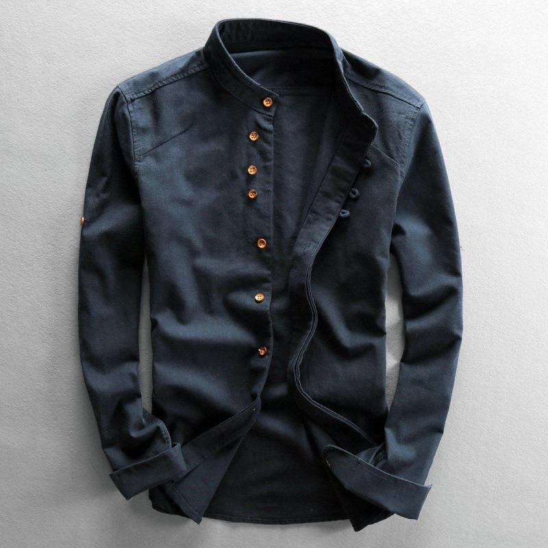 Men's buckle long-sleeved shirt autumn casual linen retro Chinese style slim stand collar slim fit shirt jacket