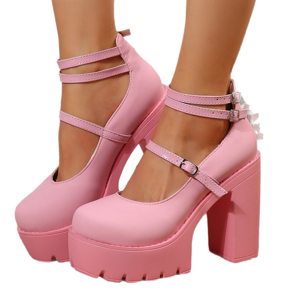 2025 New Autumn and Winter Women's Large Size Flats High Heels Thick Heels Waterproof Platform Pure Color Buckle European and American Style 35-43 Sizes