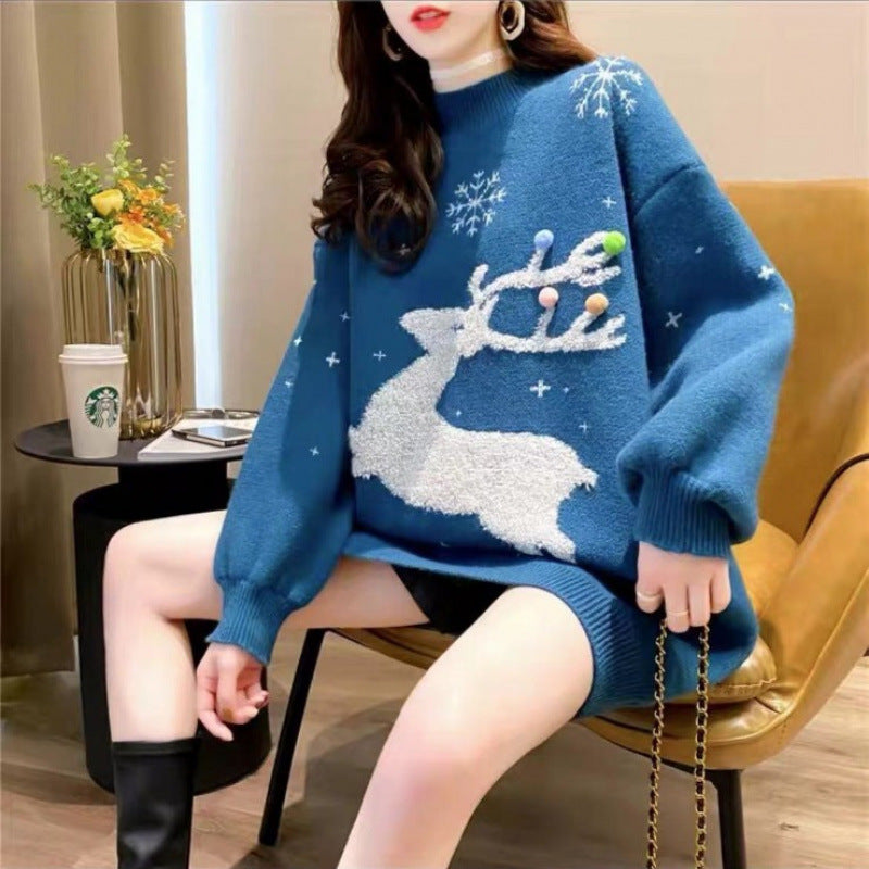 Red Christmas Sweater Women's 2024 New Fawn Autumn and Winter Loose Outer Wear Laid-back Style Thickened Mid-length Needle Sweater
