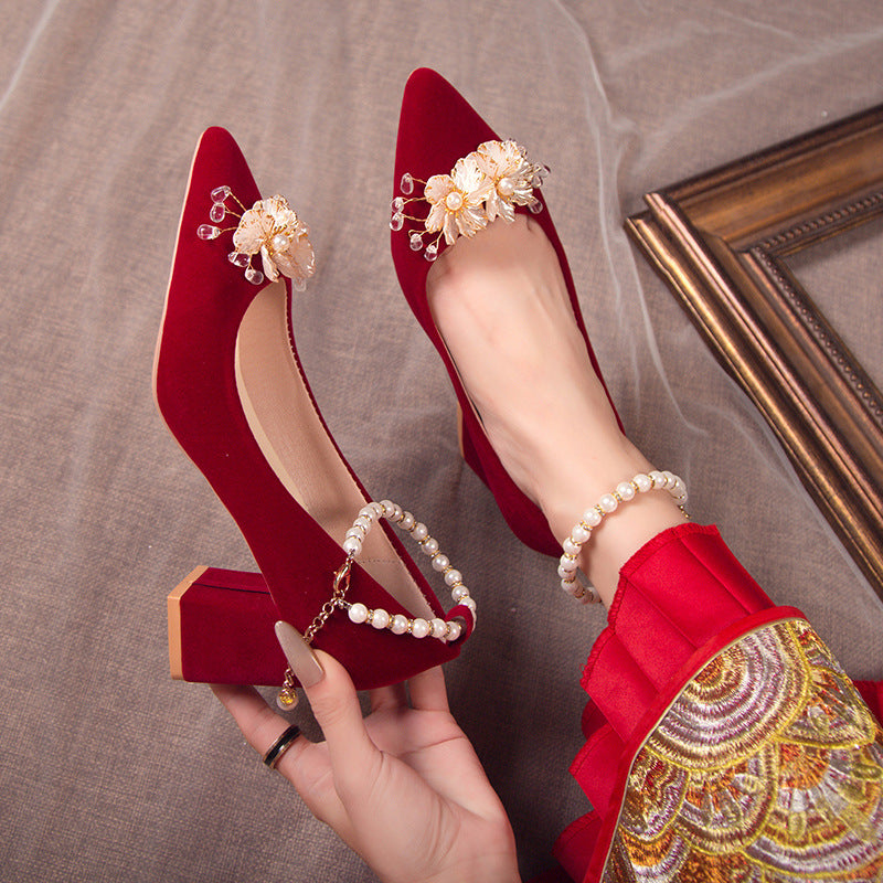 Wedding Shoes Women's Thick Heel New Bridal Shoes Red Xiuhe Dress Wedding Dress Two-Wear Not Tired Feet Middle Heel Wedding Heels