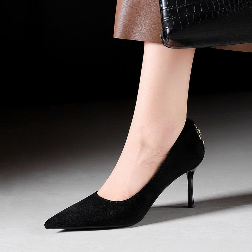 3368-2 High Heels Women's Stiletto Versatile Suede Daily Work Clothing Professional Work Shoes Elegant Pointed Toe Flats Black