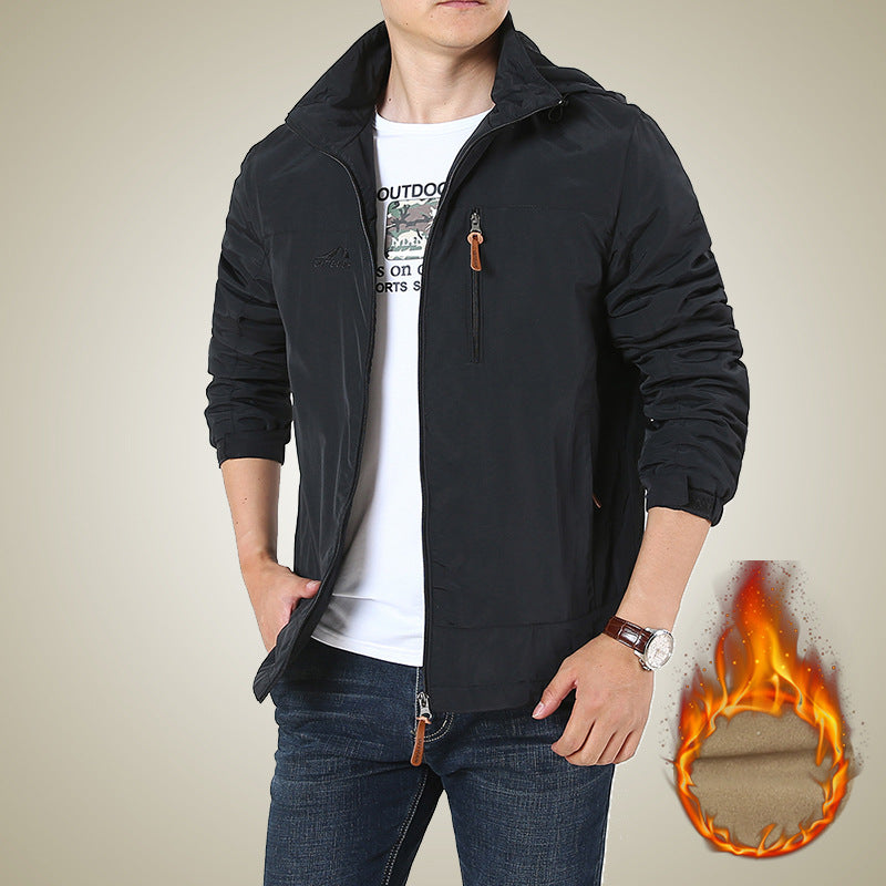 Men's Autumn and Winter Jacket Hooded Business Casual Velvet Thickened Top Waterproof Young and Middle-Aged Hooded Windbreaker Jacket