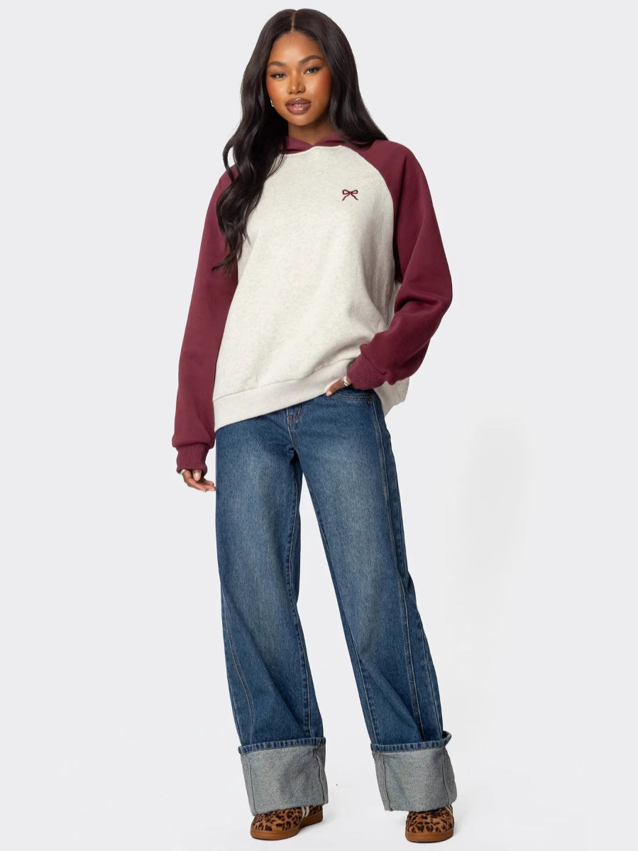 Amazon Women's Fashion New Hooded Women's Pullover Embroidered Rags Color Blocked Sweatshirt Y2K Sweatshirt