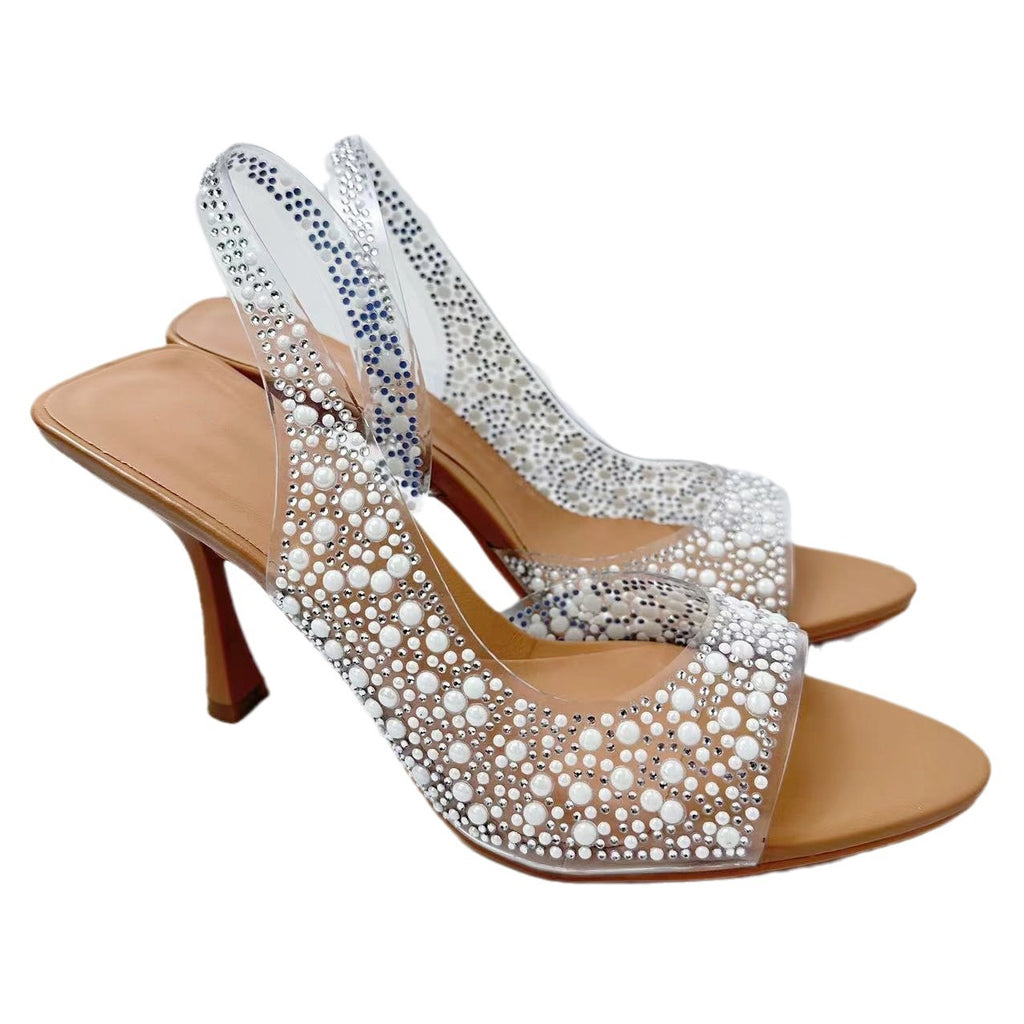 ZA new women's shoes high heels PVC transparent Pearl Diamond decorative West high heel open toe fashion high heel sandals for women