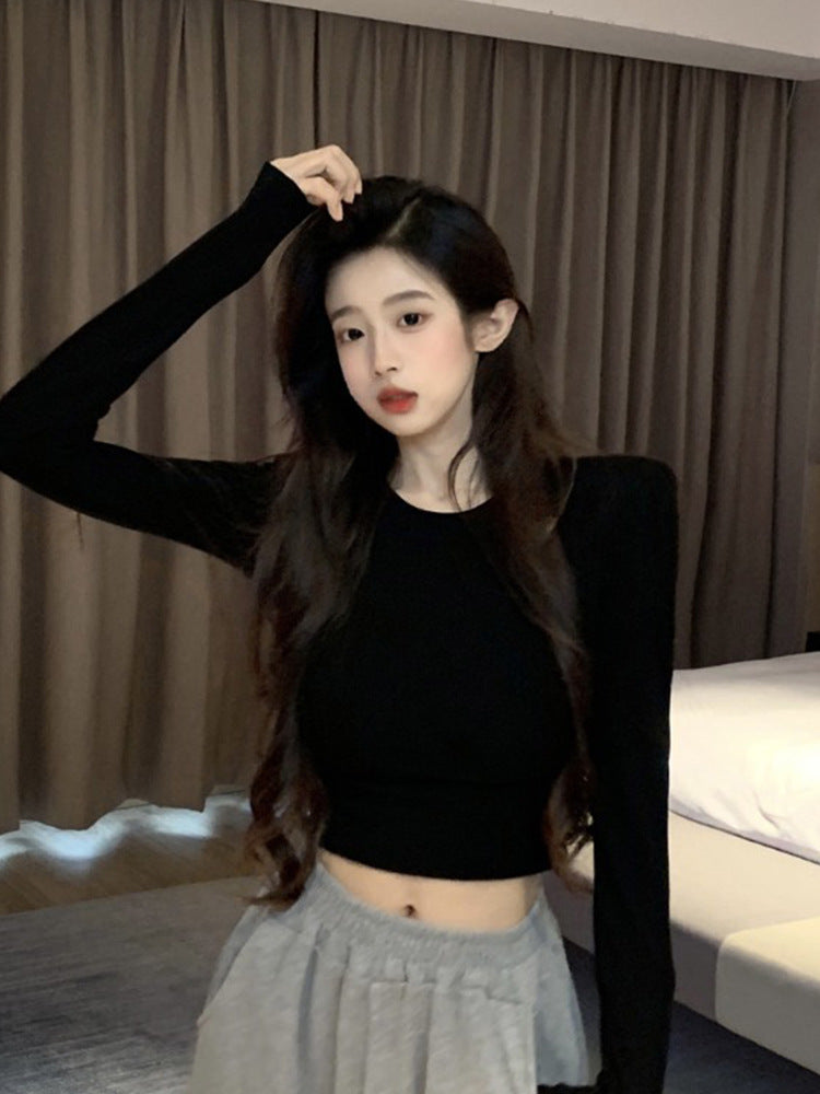 Trendy Spicy Girl Backless Long-Sleeve T-Shirt with Hollow Design for Women, Autumn Inner Wear Crop Top