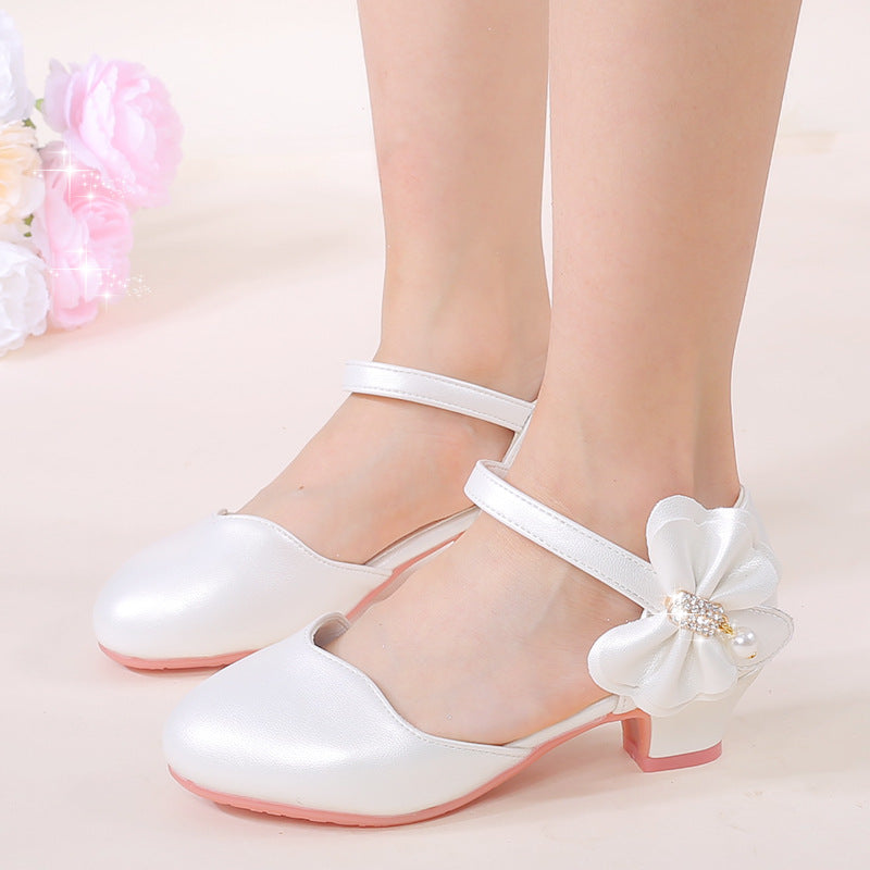 2025 New Children's Princess Shoes White Pink Korean Style High Heel Pearl Bow Leather Shoes Girls' Toe Single