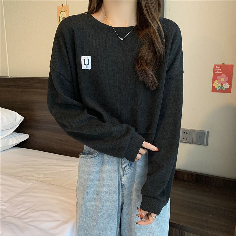 Short Sweatshirt for Women, Spring and Autumn Thin Style, 2025 New Korean Version, Loose Fit, Versatile for Students, Hong Kong Style Chic, Hoodless Top