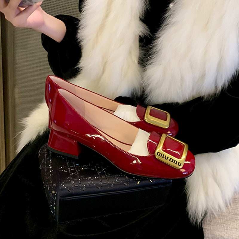 2025 Autumn New Collection Evening Gown~ Classic Square Buckle Patent Leather Chunky Heel Commuting High Heels Women's Wedding Shoes