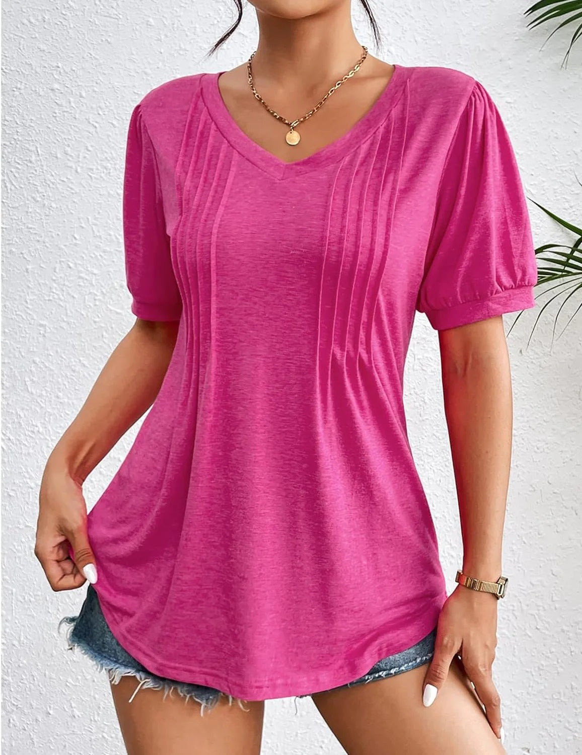 2026 Foreign Trade Cross-Border Women's Clothing V-Neck Solid Color Striped Short-Sleeved T-Shirt for Women