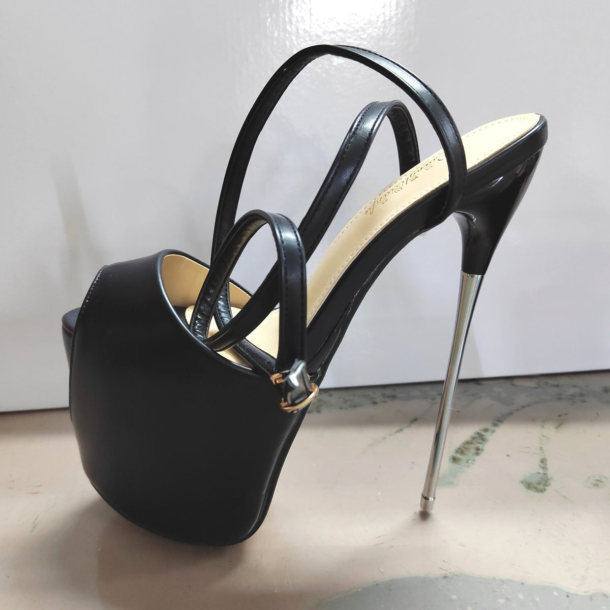 European and American Cross-Border New Style Thin Heel 19cm Steel Heel Strap Peep-Toe Large Size Sky-High Black High Heels Women's Shoes