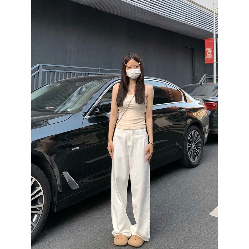 White Drapey Wide-Leg Jeans for Women, Loose Summer New High-Waisted Design Straight Pants, Slimming Floor-Length Pants