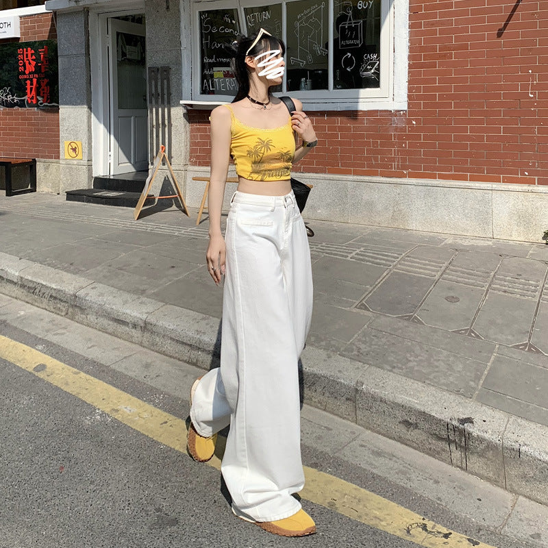 White Wide-Leg Jeans for Women 2025 Spring New High-Waisted Loose Slimming Look Lazy Draped Straight Floor-Length Pants