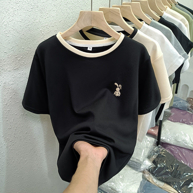 Pure Cotton Bag Collar Contrasting Round Neck Short-Sleeved T-Shirt for Women Summer New Style Bunny Embroider Casual Versatile Top