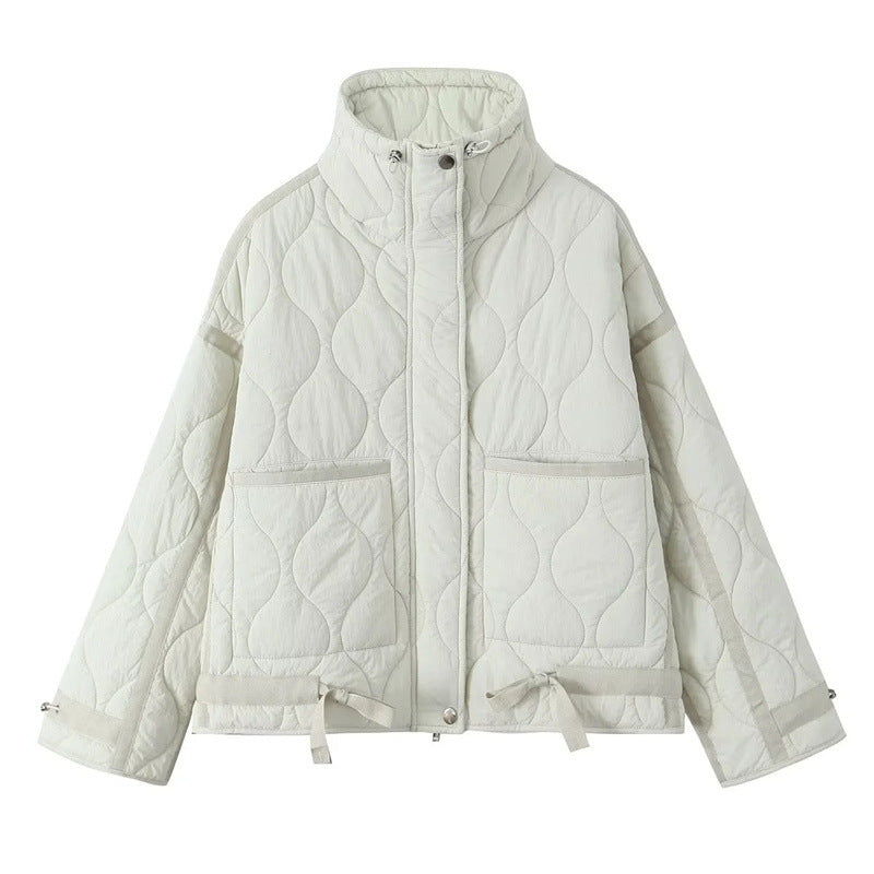 New Autumn and Winter Women's Stand-Up Collar Quilted Cotton Jacket Outwear Patch Pocket Decoration Fashion Loose Casual Cotton Outwear for Women