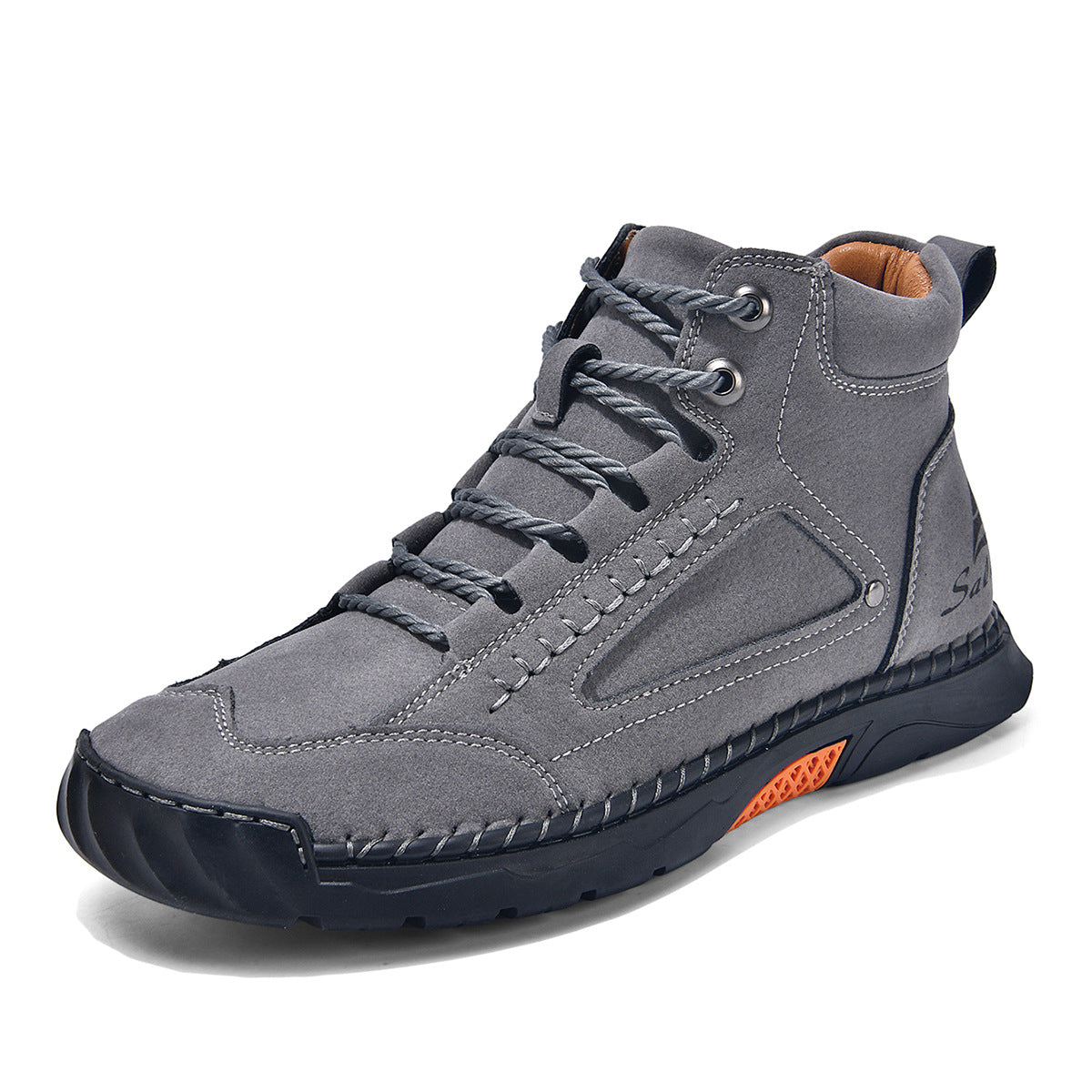 Cross-Border Plus-Size Men's Pu Leather Boots, Men's Fashion Handmade Stitched Ankle Boots, Flat Lace-Up Casual Shoes