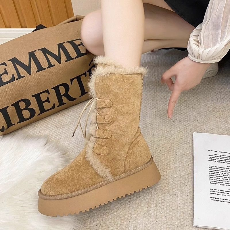 Lace-Up Two-Wear Snow Boots for Women 2025 Winter New Thick-Soled Mid-Calf Fur Integrated Fleece-Lined Thickeneded Cotton Boots