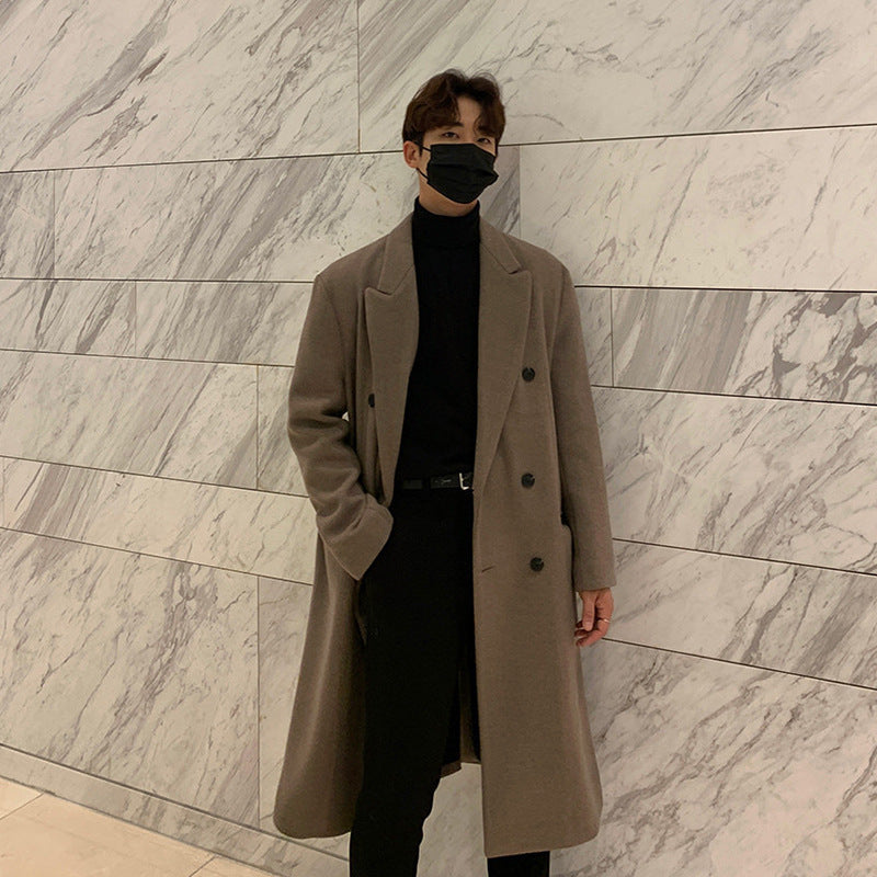 2024 Winter Men's Mid-length Knee-length Thickened Loose Korean Double-breasted Woolen Coat Coat Woolen Coat