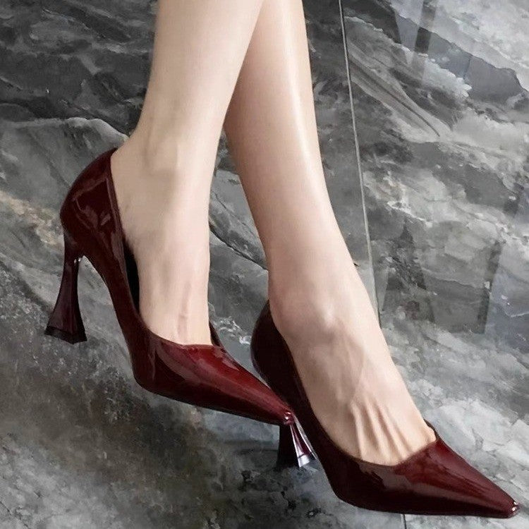 2025 Yang Shulin Same wine red Thick Heel Temperament Single Shoes Women's Horseshoe Heel Sexy High Heels Women's Shoes