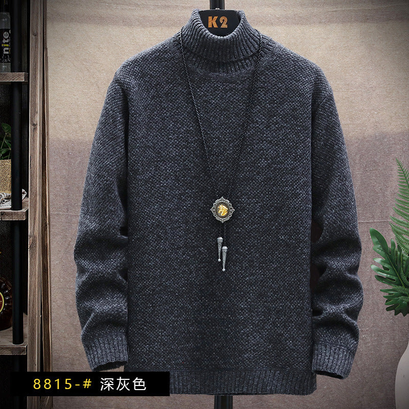 2023 autumn and winter men's turtleneck sweater fleece-lined thickened solid color simple pullover sweater base