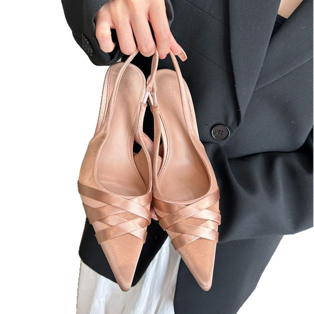 girls Niche High Heels, Simple Shoes, 2025 Spring and Summer New Style Silks and Satins Pointed Toe Shallow Mouth Stiletto Heel Toe Sandals