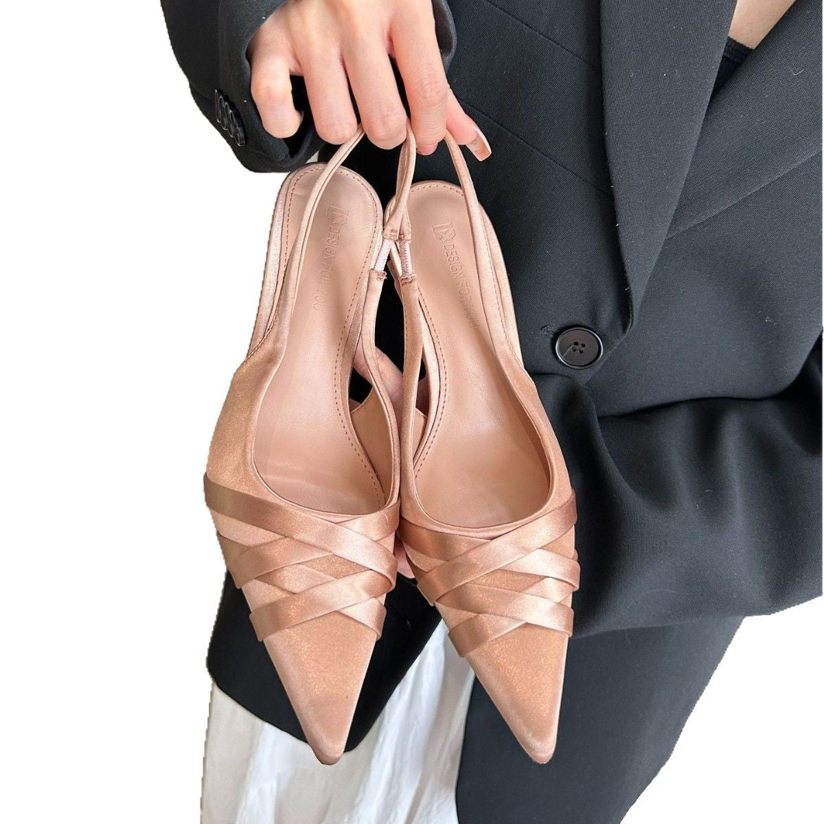 girls Niche High Heels, Simple Shoes, 2025 Spring and Summer New Style Silks and Satins Pointed Toe Shallow Mouth Stiletto Heel Toe Sandals