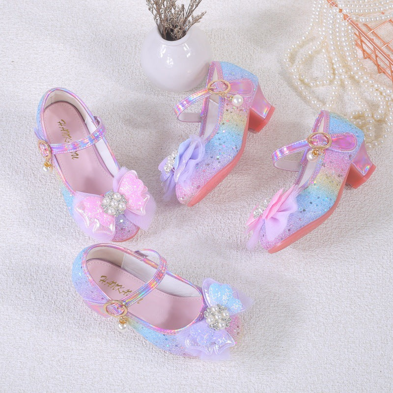 2025 New Lace Bow Girls' Shoes Children's High Heel Princess Shoes Fashion Korean Style Sequined Rainbow Color Shoes