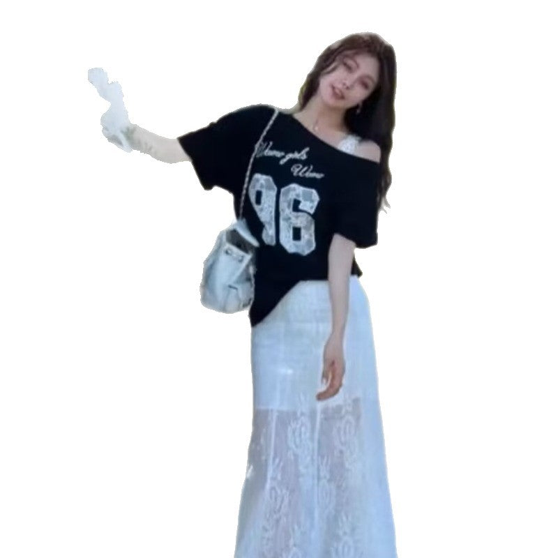 Summer beautiful wear suit 2025 ~ new Korean fashion lace shoulder T-shirt fishtail skirt two-piece set