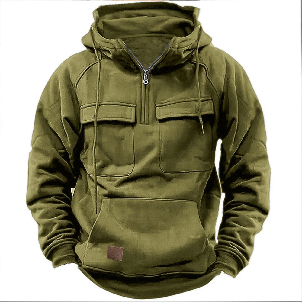 Cross-Border Men's Half-Zip Hooded Sweatshirt, Retro Workwear with Multiple Flap Pocket Pantss, Loose Casual Pullover Hoodie