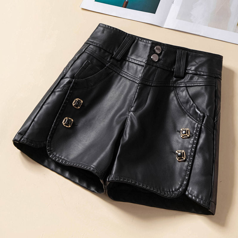 Leather Shorts for Women 2024 New Autumn and Winter High-waisted Slimming Look Black PU Leather Pants for Outer Wear with Boots