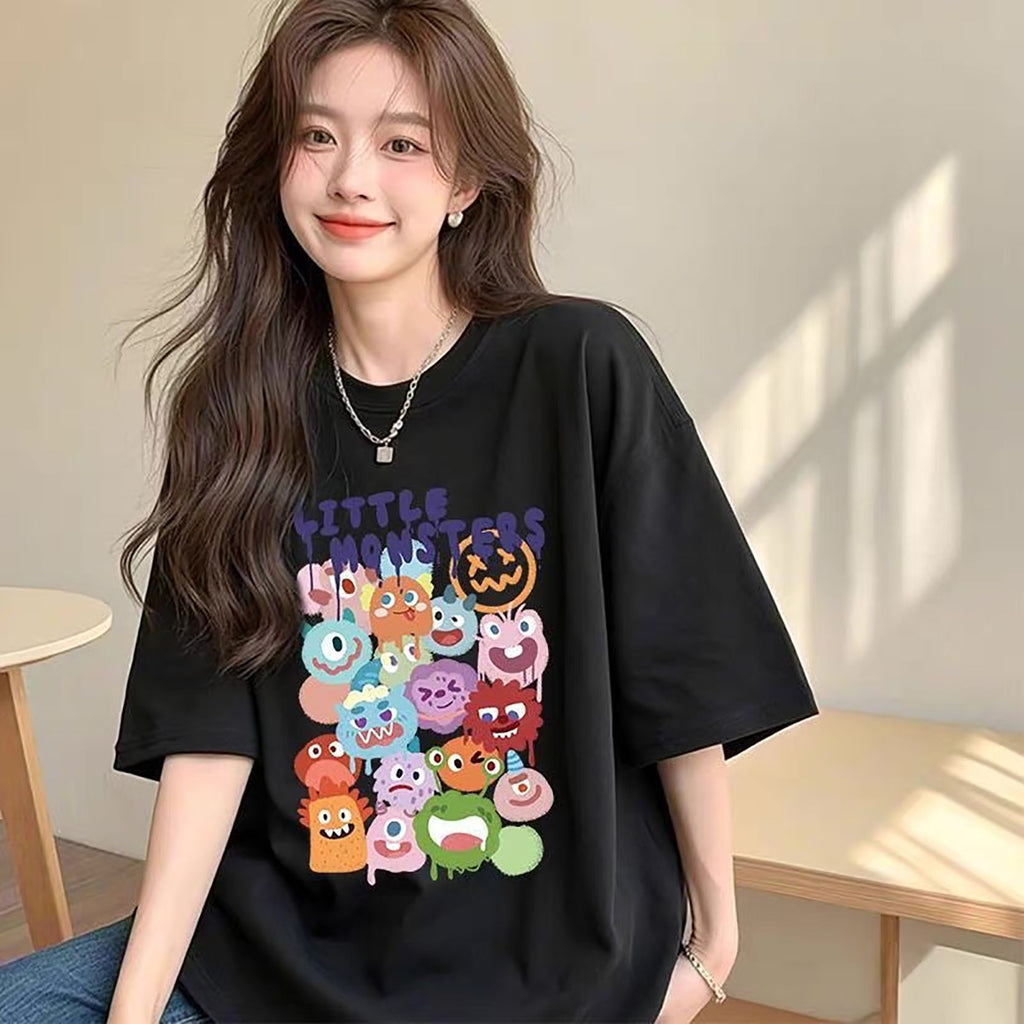 New Summer Short-Sleeved T-Shirt for Women with Printed Cartoon Round Neck Bottoming Shirt Niche Loose Versatile Top Short-Sleeved T-Shirt